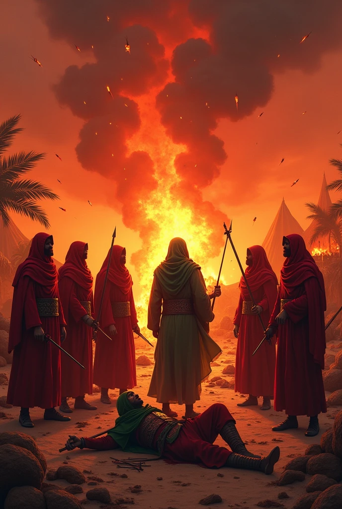 Sun set, blood sky, burning tents, burning date trees, 7 men which wear Proper red hijab who stand outside the tents,hand was y wood and sword etc. a bloody ground, javelin, sword, Arrow everywhere on ground, Arrows from sky, fire woods, a army which wear read hijabs and going towards burning tents, a men which wear Proper green hijab and battle dress which falling on ground and a javelin across his chest
Green men body was full of arrows
All thing are ancient only