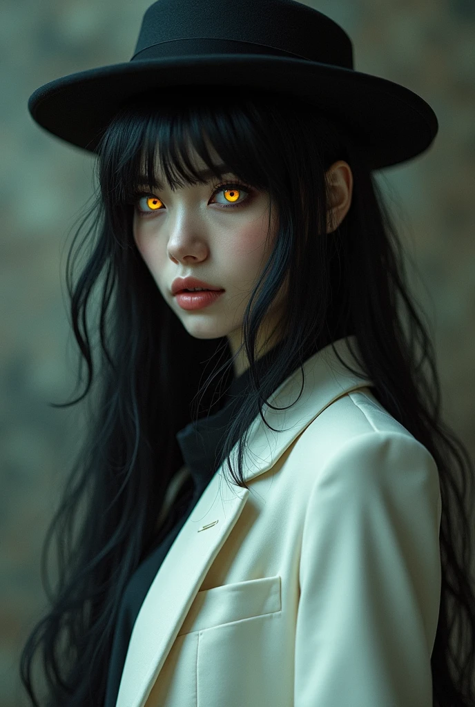 Long black hair with a little black hat white suit and yellow eyes