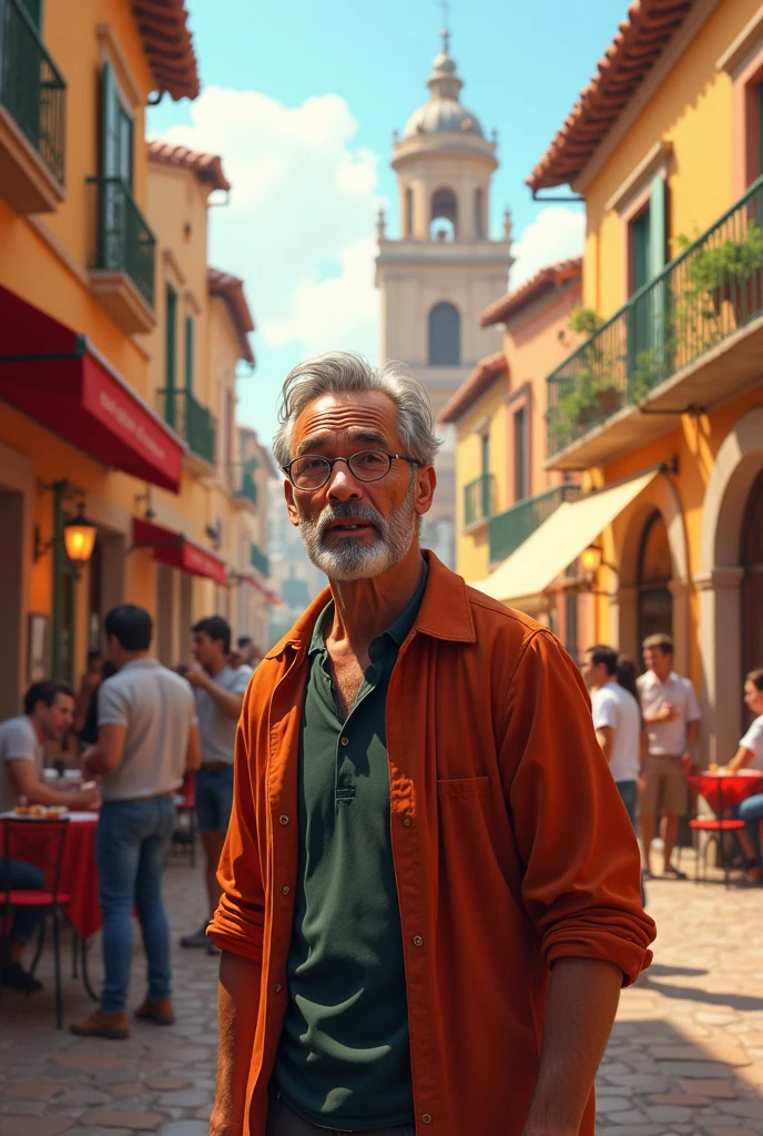 Juan in a Spanish square, with classical architecture and people enjoying tapas.
