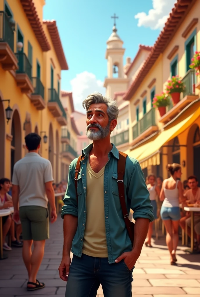 Juan in a Spanish square, with classical architecture and people enjoying tapas.
