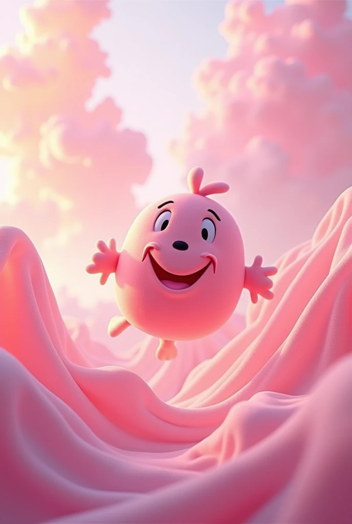 I need a product label, Its logo is a Disney Pixar-style design that is attached to flying fabrics and is pink in color.
