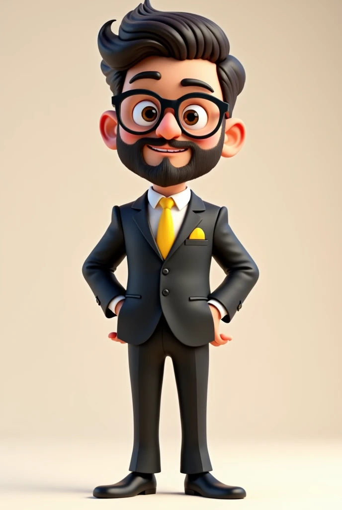 A full-body 3D cartoon-style character. The character is a young man with light skin, a beard, and dark brown hair styled upwards, thick eyebrows, large brown eyes, and wears glasses. His expression is neutral, with a calm and composed demeanor.
The character is dressed formally, wearing a black suit, a white shirt, and a yellow tie. In the pocket of the suit jacket, there is a yellow pocket square, matching the tie.
He stands with one hand in his pocket and the other hand pointed upwards, as if emphasizing or making a point. The background of the image is neutral, which further highlights the character.