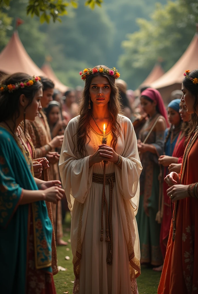 Create a video depicting Saint Sara Kali, a patron saint of gypsies, surrounded by a group of gypsies. Santa Sara must be in the center, wearing traditional clothes, holding a candle or a flower, radiating serenity. Around it, gypsies dance and play instruments such as violins and tambourines, colorful and decorated clothes with typical accessories, such as scarves and jewelry. The setting must convey a mystical and devotional atmosphere, with elements that refer to gypsy culture, such as tents, bonfires and natural landscapes."