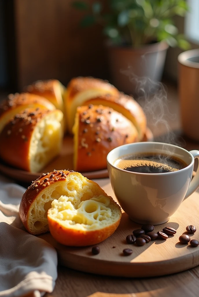 A cheese bread with a cup of coffee on the side