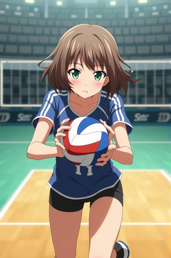 Haikyuu screenshot!
Girl with short, wavy brown hair. He has dark green eyes. with a volleyball in hand.