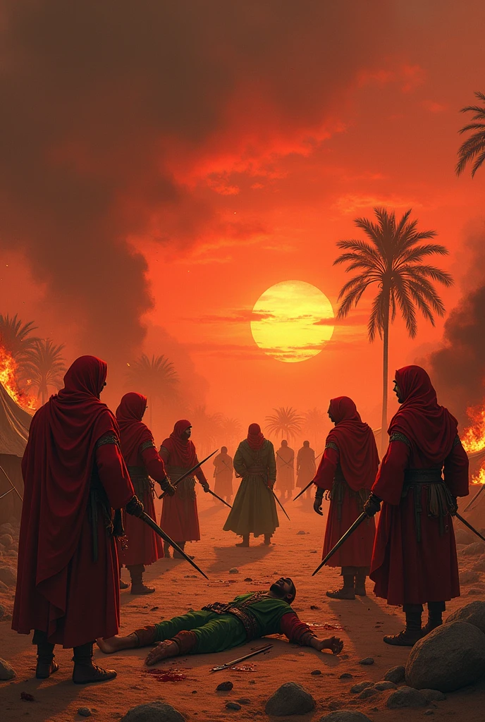 Sun set, blood sky, burning tents, burning date trees, 7 men which wear Proper red hijab who stand outside the tents,hand was full of bloody wood and sword etc. a bloody ground, javelin, sword, Arrow everywhere on ground, Arrows from sky, fire woods, a army which wear read hijabs and going towards burning tents, a men which wear Proper green hijab and battle dress which falling on ground and a javelin across his chest

Green men body was full of arrows

All thing are ancient only