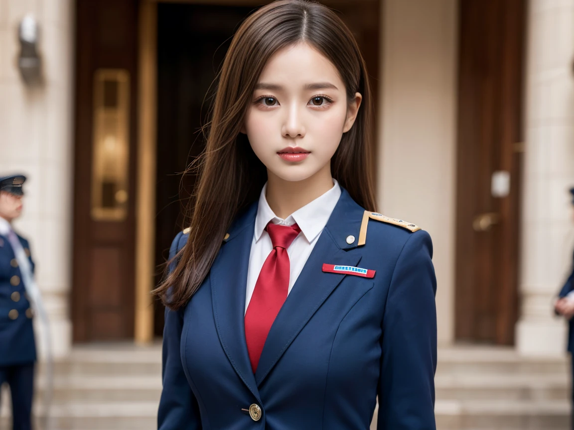 Highest quality, masterpiece, 8k, Ultra-high resolution, (Realistic: 1.4), 1 person, Beautiful Face, Symmetrical eyes, big, Perfect Body Proportions, Stewardess Uniform, Audience'vision, (Inside the plane: 1.2), Front view, Shoulder jumps, Absolute area (1.3),
