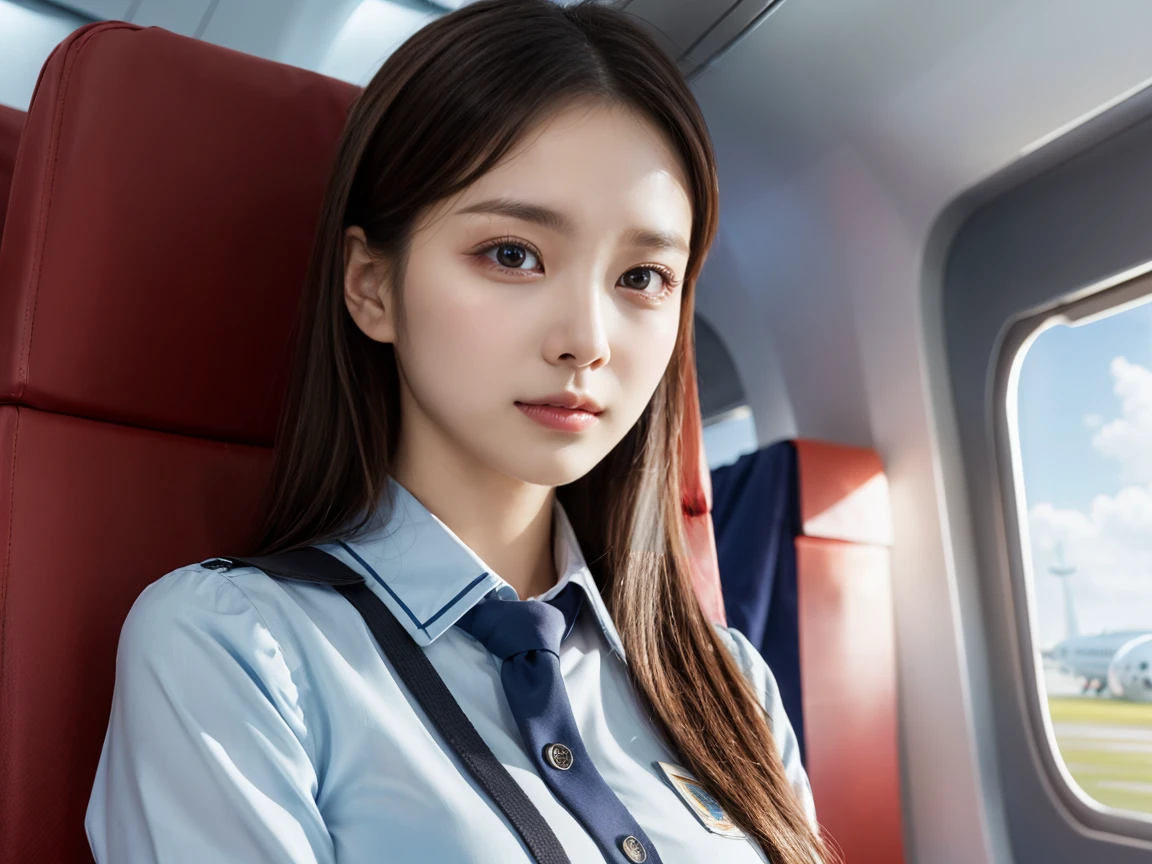 Highest quality, masterpiece, 8k, Ultra-high resolution, (Realistic: 1.4), 1 person, Beautiful Face, Symmetrical eyes, big, Perfect Body Proportions, Stewardess Uniform, Audience&#39;vision, (Inside the plane: 1.2), Front view, Shoulder jumps, Absolute area (1.3),