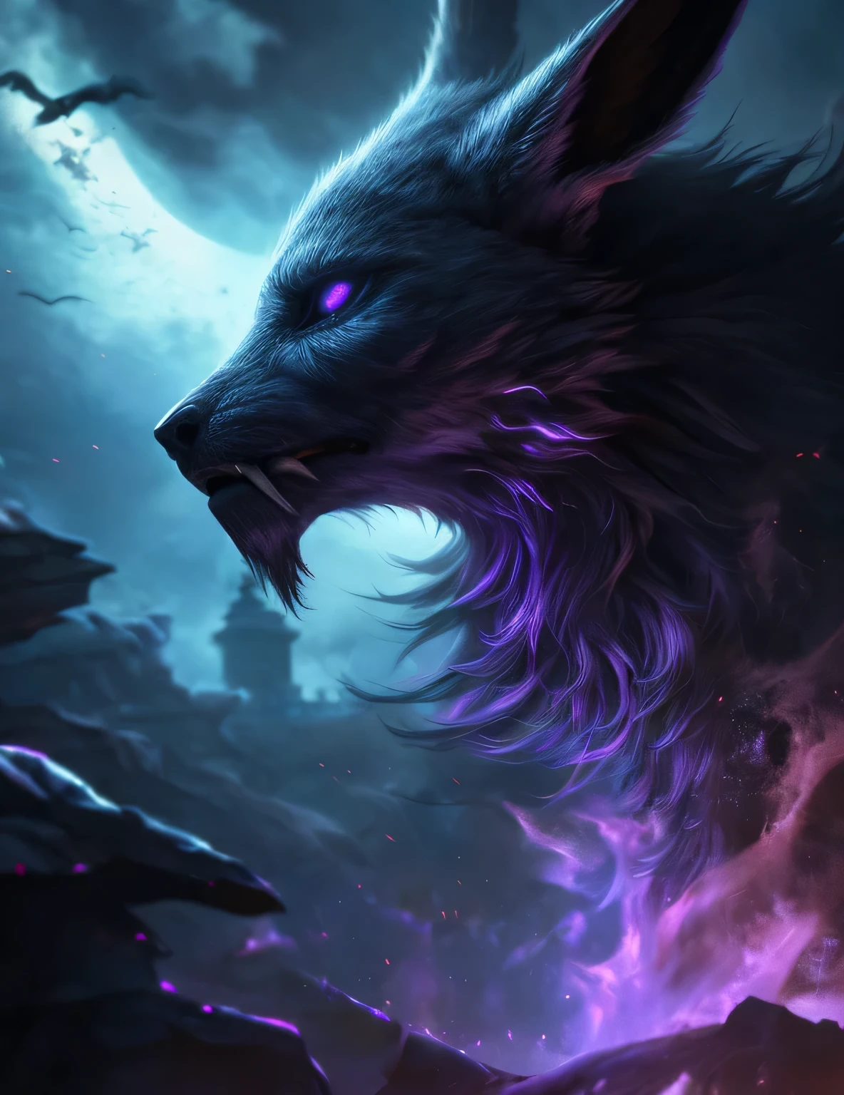 eevee, full body, ebony black, fangs, ghostly violet and purple aura, spooky, nightmare, (best quality,4k,8k,highres,masterpiece:1.2),ultra-detailed,(realistic,photorealistic,photo-realistic:1.37),dark fantasy,highly detailed,surreal,dramatic lighting,cinematic,dark atmosphere,sinister,haunting