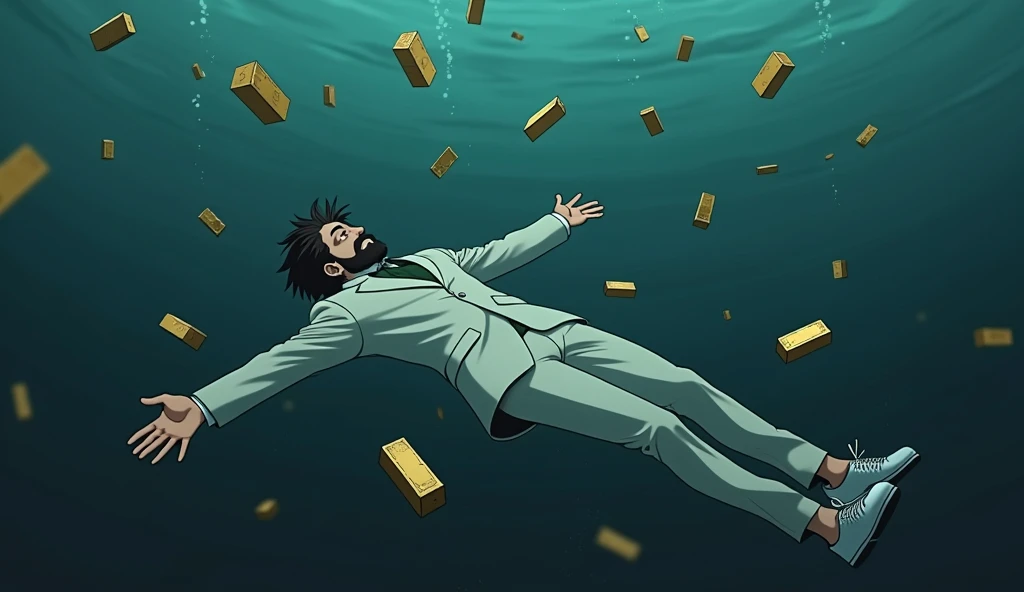 Create a anime style landscape image. an anime style under the water image showing a surreal and dramatic scene of a male person in a white suit, white shoes, and sinking into deep, The man has dark medium hair, thik medium beard and light skin, dark waters, surrounded by floating gold bars. "The figure appears to be floating helplessly, as if falling through the water, with their arms means hands and legs extended and head tilted back". and "his body is oriented horizontally with his back facing the viewer". The gold bars around the person seem to be floating and tumbling through the water, giving the impression of wealth lost in the chaos. The mood should be somber and intense, highlighting themes of loss, wealth, and the overwhelming force of destruction. Camera view left side long shoot. 4k, ultra high quality, UHD, ULTRA HD.