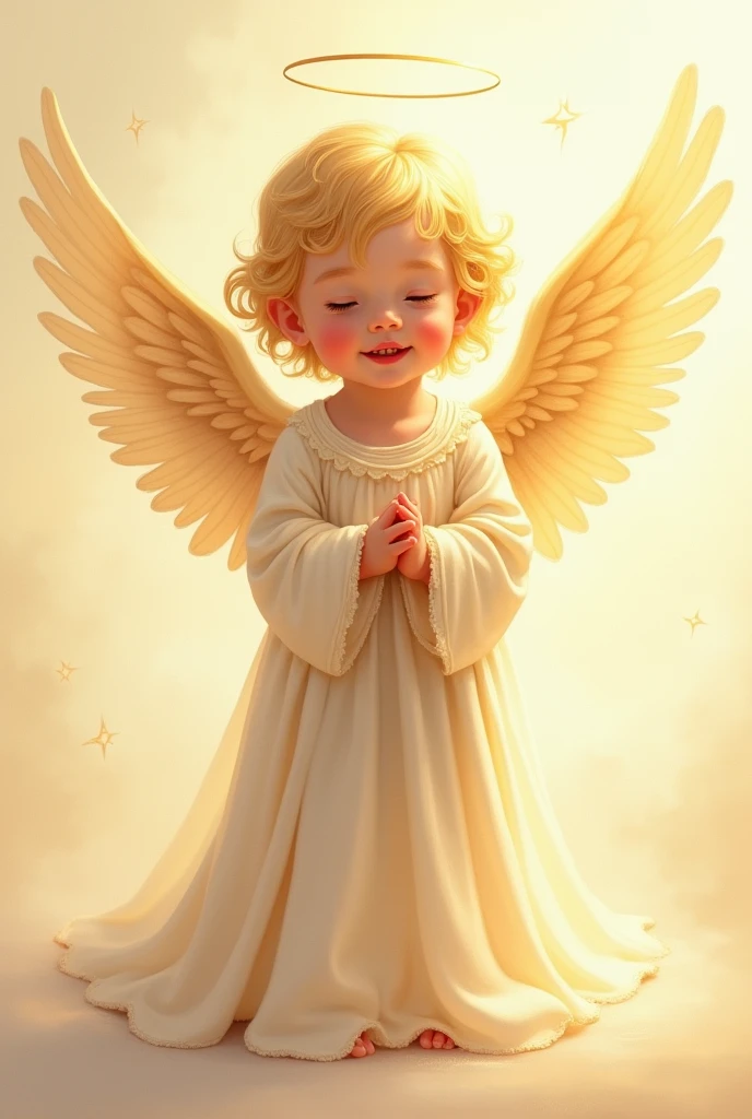 Light skin  drawing, short golden hair, in angel clothes, golden wings and halo on the head, standing, with hands together and smiling