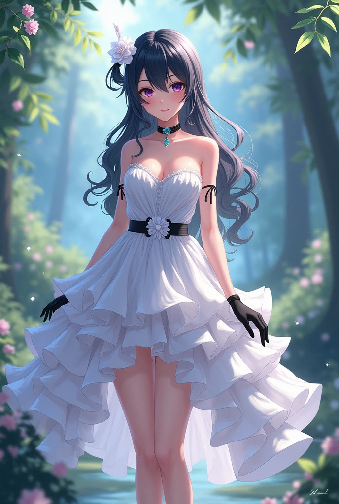 masterpiece, best quality, extremely detailed 8K wallpaper, 1girl, outdoors, strapless dress, dress, layered dress,white flower, hair ornament, purple eyes, (choker), outline, (black gloves), bare legs,