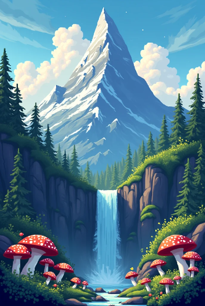 Pixelated landscape of a mountain with a waterfall and mushrooms