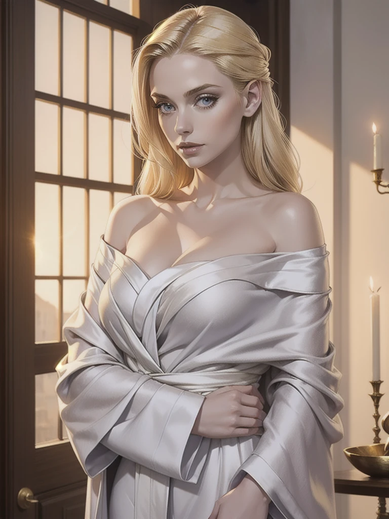beautiful blonde haired woman, pale skin, draped in silver grey silk bathrobe, gold hues, off shoulder