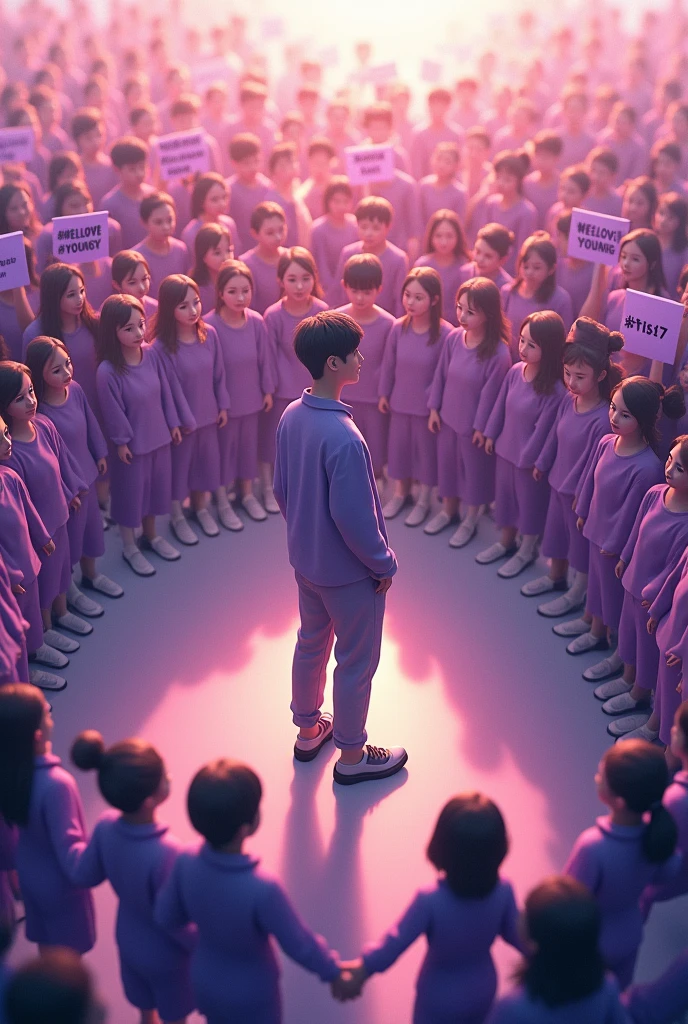 Create an image of BTS&#39;s Yoongi standing in the center of a circle formed by fans. The fans are holding hands, forming a protective barrier around the idol. All the fans are dressed in shades of purple, representing your love and support. Some of them hold banners and posters with messages of encouragement., as &#39;#WeLoveYoongi' e '#BTSis7.&#39; In the center, the idol has a serene expression and is dressed casually, with a soft light that highlights the scene. The atmosphere of the image should be warm and full of affection.