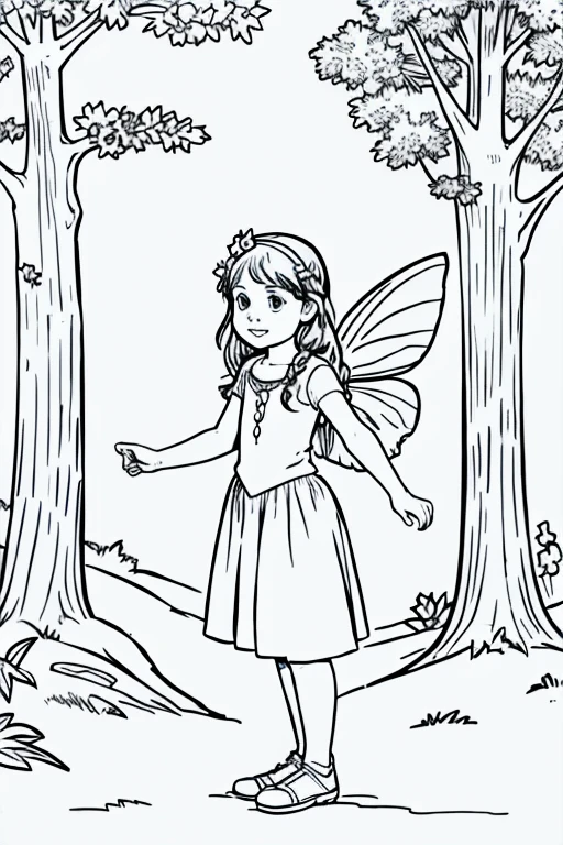 Coloring page for children, fairy, woods, White background, Simple lines