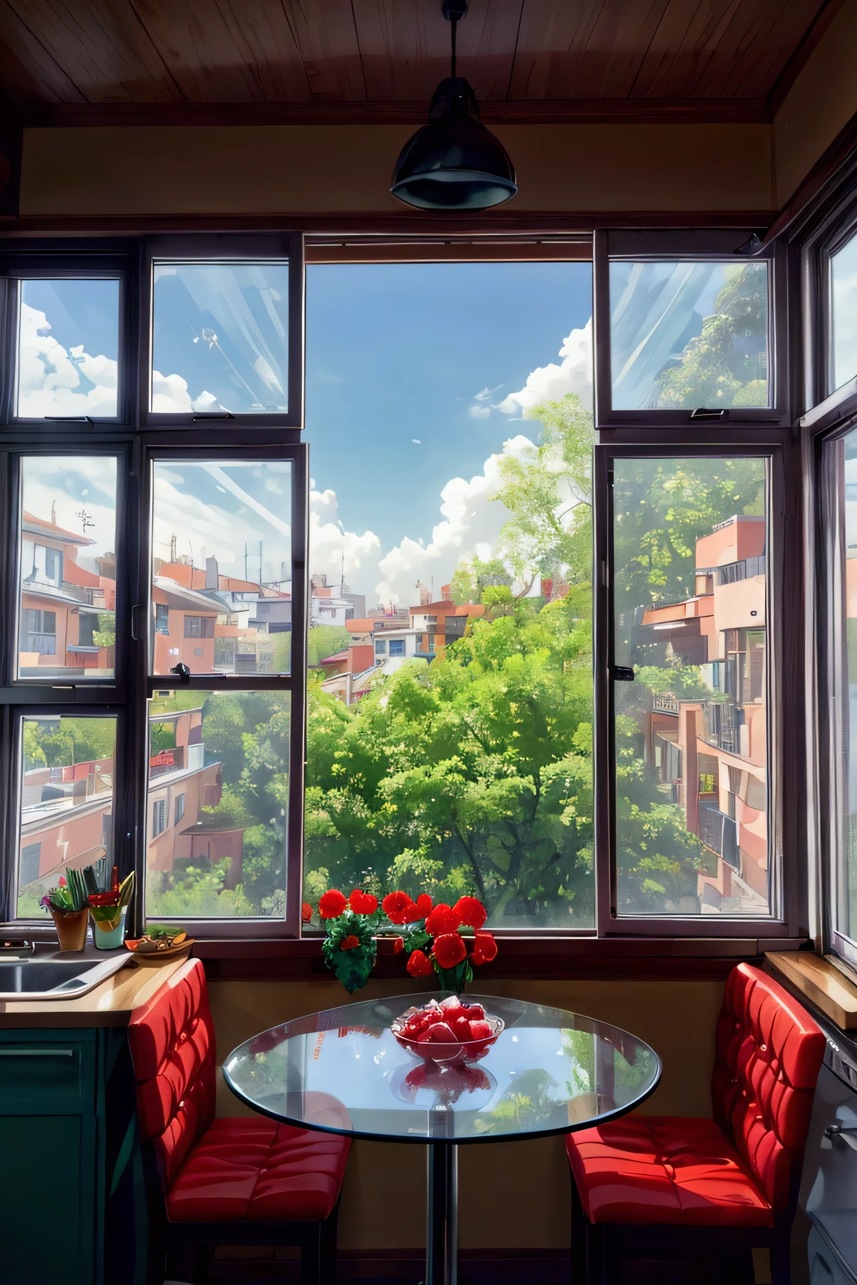 A wide view from kitchen window to the main city road , crowded road , near window there is a table, fruits and vegetables on table , a beautiful red flowered bougenvilla on window 