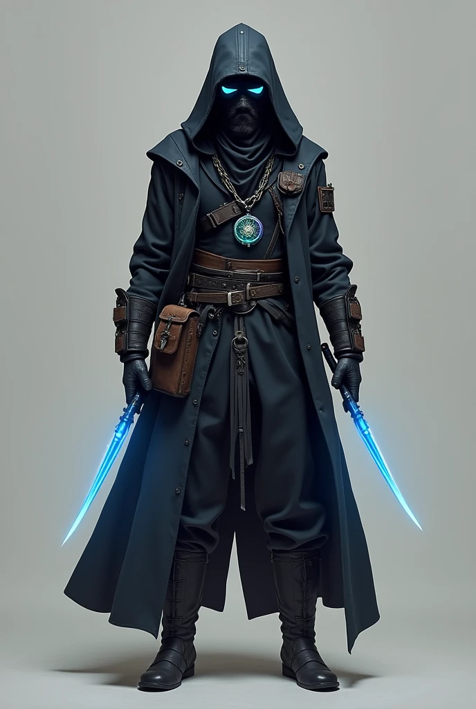 This character has an appearance that mixes elements of a mystical style with a modern touch.. He wears a long coat of dark fabric, that resembles a cape, with blue accents that appear to have a subtle, iridescent sheen, suggesting some kind of advanced technology or magical energy. He carries two daggers with blades that have a blue glow., possibly made of a special material, like reinforced steel or a futuristic alloy.
The hood partially hides the face, giving an air of mystery, while the bandana covering the eyes suggests a special ability, perhaps enhanced vision or some form of implanted digital sensor. He has a set of utilities attached to his waist, including bottles and tools, which can be modern or ancient devices adapted for combat and survival.
the accessories, like the pendant he holds, have a design that combines ancient symbols with a more technical construction, perhaps functioning as a communication gadget or a key to unlock advanced technologies. Your boots, of a dark and resistant leather, appear to be both practical and stylized for an urban environment, with touches of contemporary design. The overall ensemble evokes the image of a mercenary or agent who combines tradition and innovation in his operations..