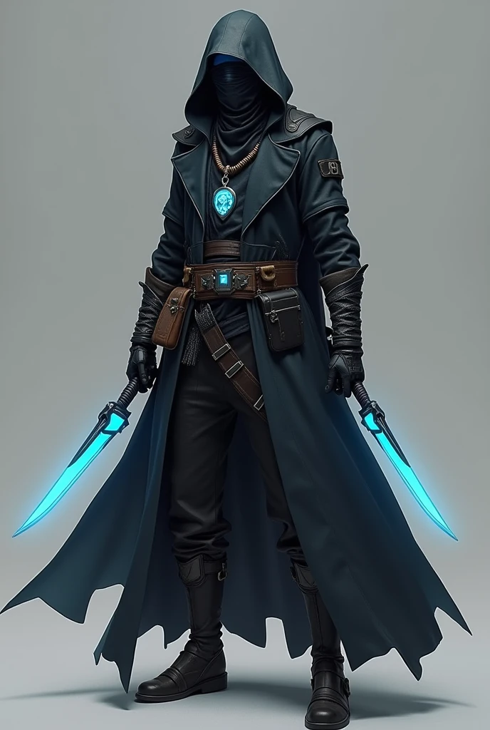 This character has an appearance that mixes elements of a mystical style with a modern touch.. He wears a long coat of dark fabric, that resembles a cape, with blue accents that appear to have a subtle, iridescent sheen, suggesting some kind of advanced technology or magical energy. He carries two daggers with blades that have a blue glow., possibly made of a special material, like reinforced steel or a futuristic alloy.

The hood partially hides the face, giving an air of mystery, while the bandana covering the eyes suggests a special ability, perhaps enhanced vision or some form of implanted digital sensor. He has a set of utilities attached to his waist, including bottles and tools, which can be modern or ancient devices adapted for combat and survival.

the accessories, like the pendant he holds, have a design that combines ancient symbols with a more technical construction, perhaps functioning as a communication gadget or a key to unlock advanced technologies. Your boots, of a dark and resistant leather, appear to be both practical and stylized for an urban environment, with touches of contemporary design. The overall ensemble evokes the image of a mercenary or agent who combines tradition and innovation in his operations..