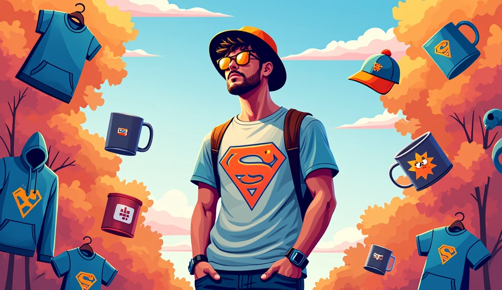 A breathtaking, ultra-high-resolution illustration of a social media cover picture featuring marketer "numhb-mrk" surrounded by a vibrant, stylized arrangement of vector icons representing various social media platforms, presented in a modern, abstract design. The marketer is depicted in a relaxed, casual pose, wearing a trendy t-shirt with a unique graphic print, paired with a fashionable hat and stylish accessories, set against a subtle, gradient background that transitions from soft blues to warm oranges. The surrounding vectors showcase a collection of merchandise, including mugs, hoodies, and hats, all adorned with bold, colorful logos and graphics, blending seamlessly into the composition. The overall aesthetic is youthful, dynamic, and attention-grabbing, with bold lines, geometric shapes, and a mix of matte and metallic textures, ensuring the image pops against a variety of digital backdrops.
