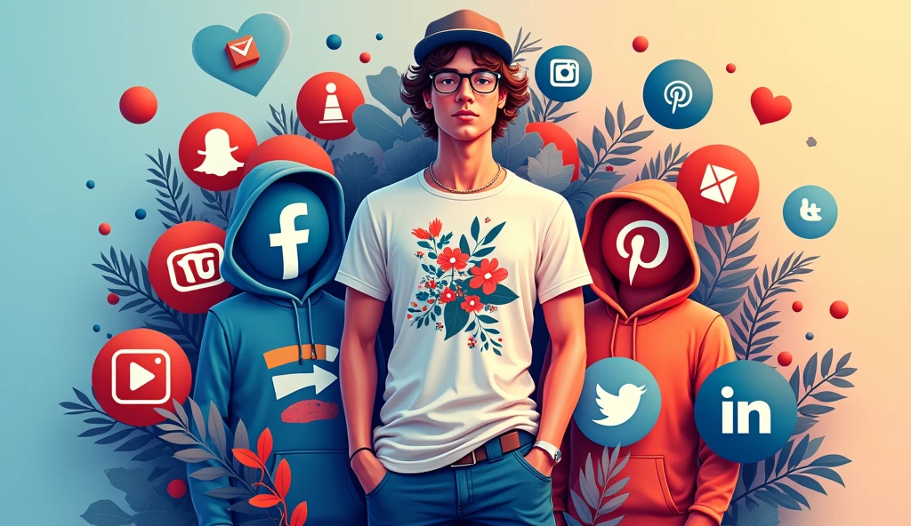 A breathtaking, ultra-high-resolution illustration of a social media cover picture featuring marketer "numhb-mrk" surrounded by a vibrant, stylized arrangement of vector icons representing various social media platforms, presented in a modern, abstract design. The marketer is depicted in a relaxed, casual pose, wearing a trendy t-shirt with a unique graphic print, paired with a fashionable hat and stylish accessories, set against a subtle, gradient background that transitions from soft blues to warm oranges. The surrounding vectors showcase a collection of merchandise, including mugs, hoodies, and hats, all adorned with bold, colorful logos and graphics, blending seamlessly into the composition. The overall aesthetic is youthful, dynamic, and attention-grabbing, with bold lines, geometric shapes, and a mix of matte and metallic textures, ensuring the image pops against a variety of digital backdrops. 