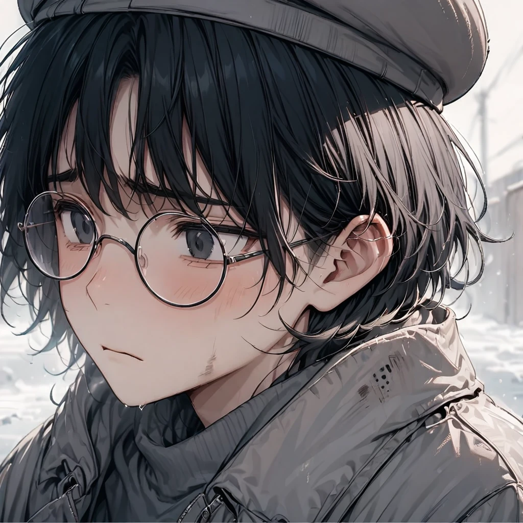 Young man, black hair, pastel colors, face close up, poor, beret, round glasses, simple, black eyes, orphan, dirty, oversized jacket, cold, sad, grey clothes, miserable, boy, lonely, black eyes, black hair, strong jawline, squared chin, sharp nose, strong neck, cute
