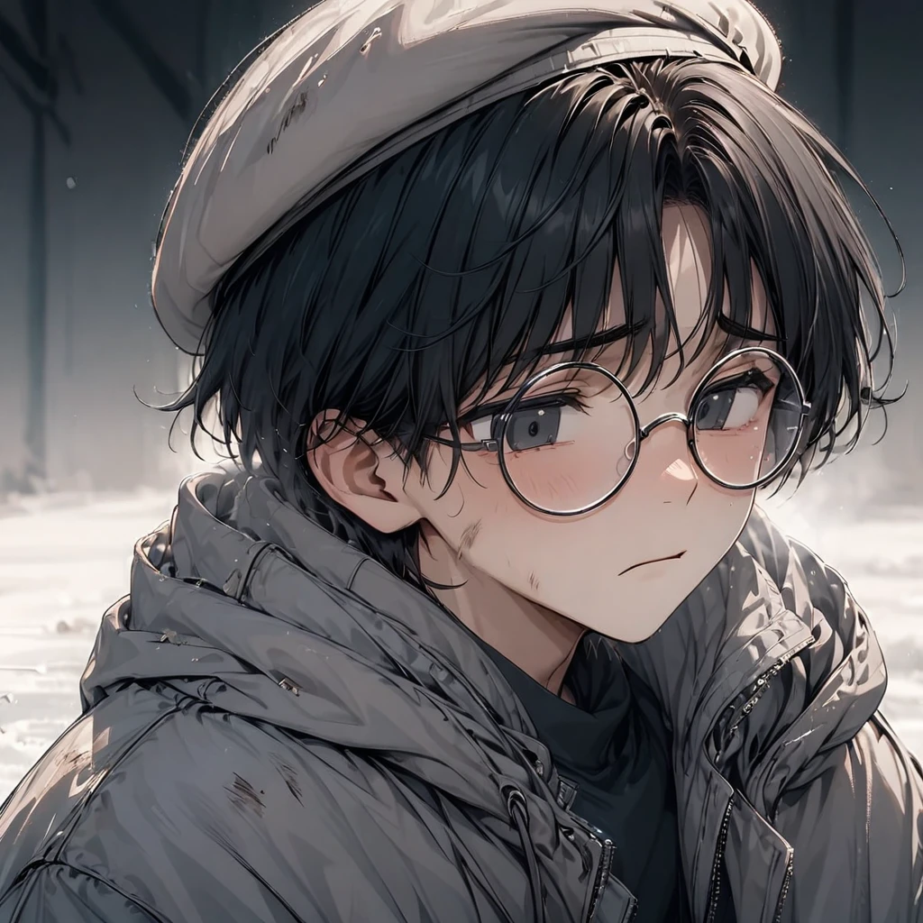 Young man, black hair, pastel colors, face close up, poor, beret, round glasses, simple, black eyes, orphan, dirty, oversized jacket, cold, sad, grey clothes, miserable, boy, lonely, black eyes, black hair, strong jawline, squared chin, sharp nose, strong neck, cute