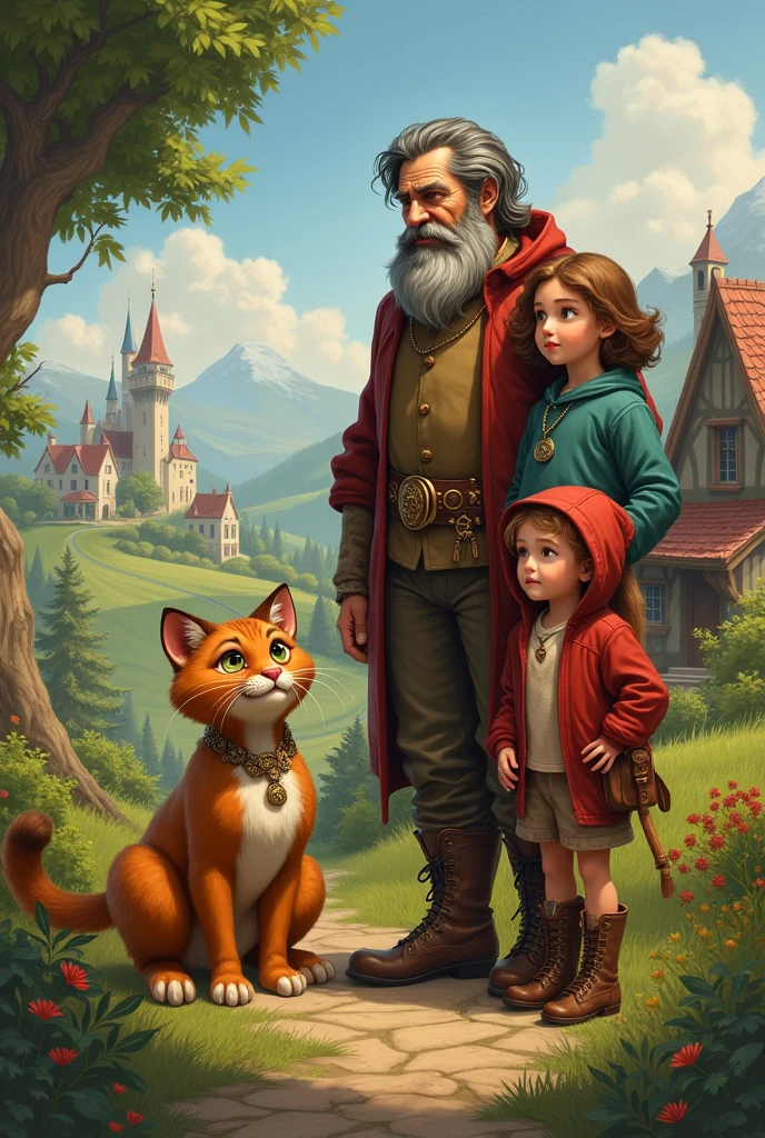 Generate me a igane of the miller with his three children of Puss in Boots
