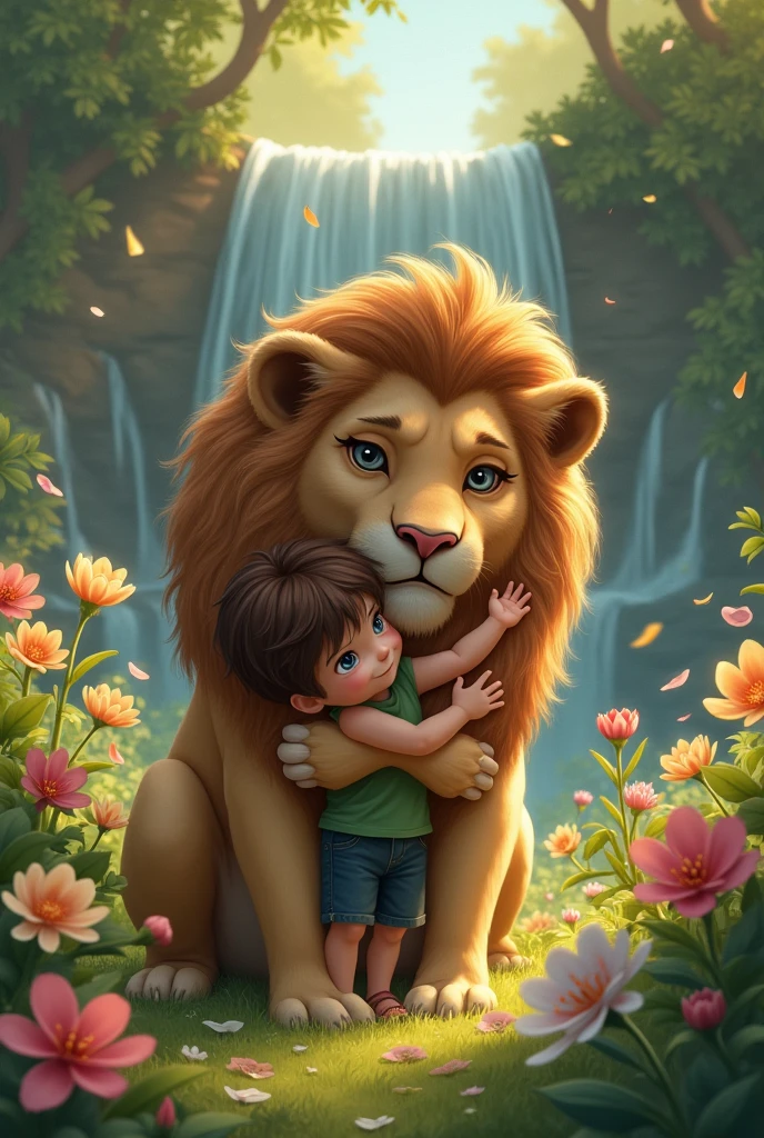 A boy with blue eyes, Brown hair and white skin hugging a maned lion in a garden with flowers and waterfalls