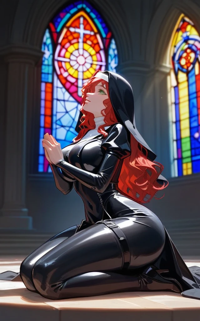 1 girl, best quality, masterpiece, church, stained glass, red hair, green eyes, wavy hair, black latex nun outfit, shiny latex nun dress, extremely glossy latex(2.0), big breasts, big thighs, big butt, hourglass figure, kneeling, looking up, praying, pillar of light shining down, covered in cum