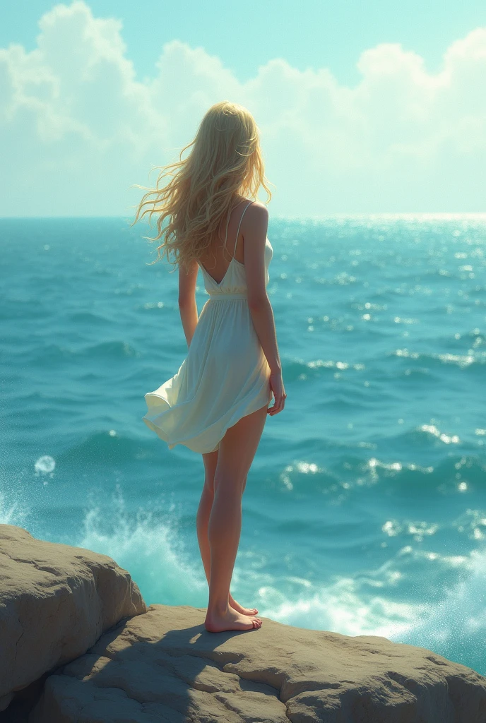 Blonde woman with her back to the sea