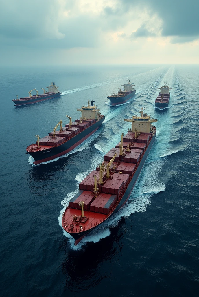 Bulk carrier ship, container ship , oil tanker ship, ro-ro ships together picture in sea