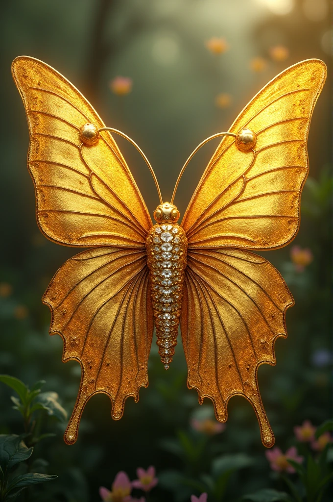 A golden butterfly, with diamonds in the ass, realistic and with 6 wings, and 130 legs