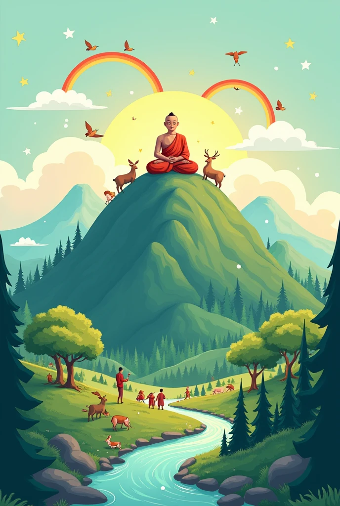Cartoon Drawing Imagine Yourself on a Mountain, surrounded by forests, On top of the mountain, a buddhist man meditating present animals, In the distance a group is planting trees and cleaning a river.. They placed rainbows, the sun and stars