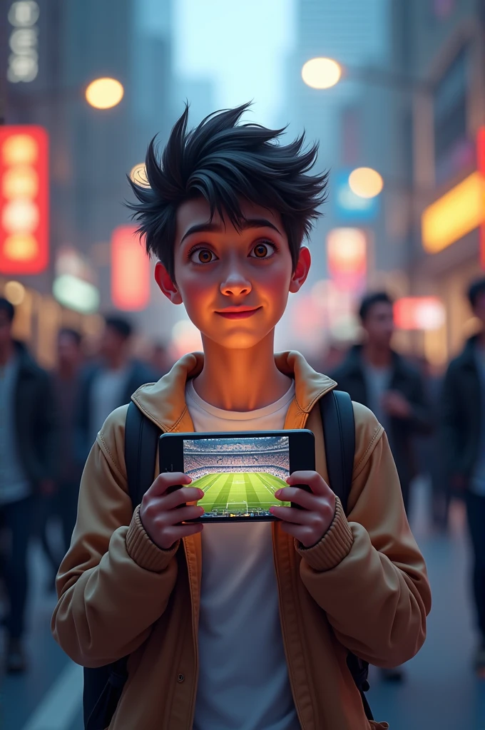 A person watching a live game on a mobile device while on the move.