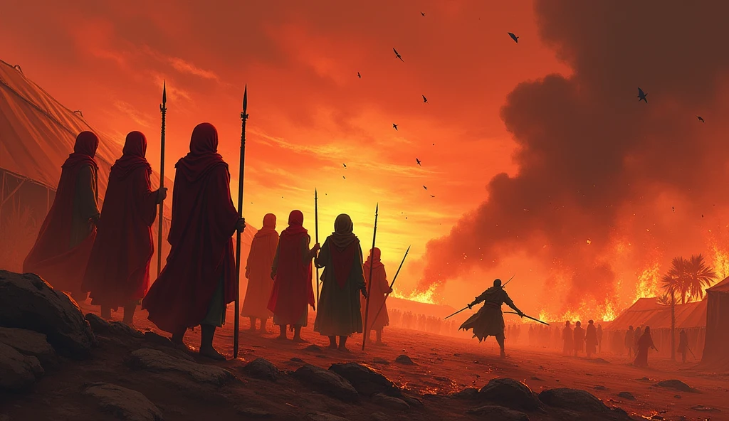 Sun set, blood sky, burning tents, burning date trees, 7 men which wear Proper red hijab who stand outside the tents,hand was full of bloody wood and sword etc. a bloody ground, javelin, sword, Arrow everywhere on ground, Arrows from sky, fire woods, a army which wear read hijabs and going towards burning tents, a men which wear Proper green hijab and battle dress which falling on ground and a javelin across his chest
Green men body was full of arrows
All thing are ancient only