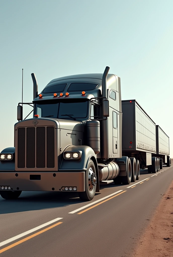 Draw me a low-deck trailer carrying a road train , thin Maus . the road train has three semi-trailers 
