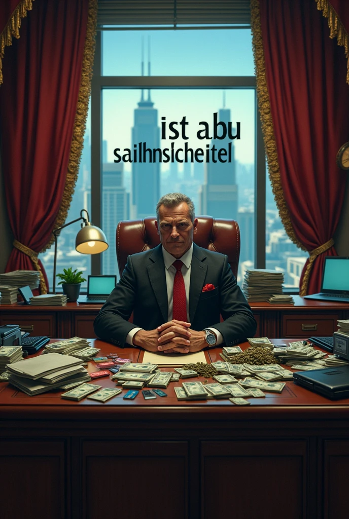 Make a cartel member in His office sitting with Lots and Lots and Lots of Laptops Credit cards drugs Money sitting in Front of him in His desk with the whole City View behind Him and behind Him IS the Name ist Abu Seitenscheitel
