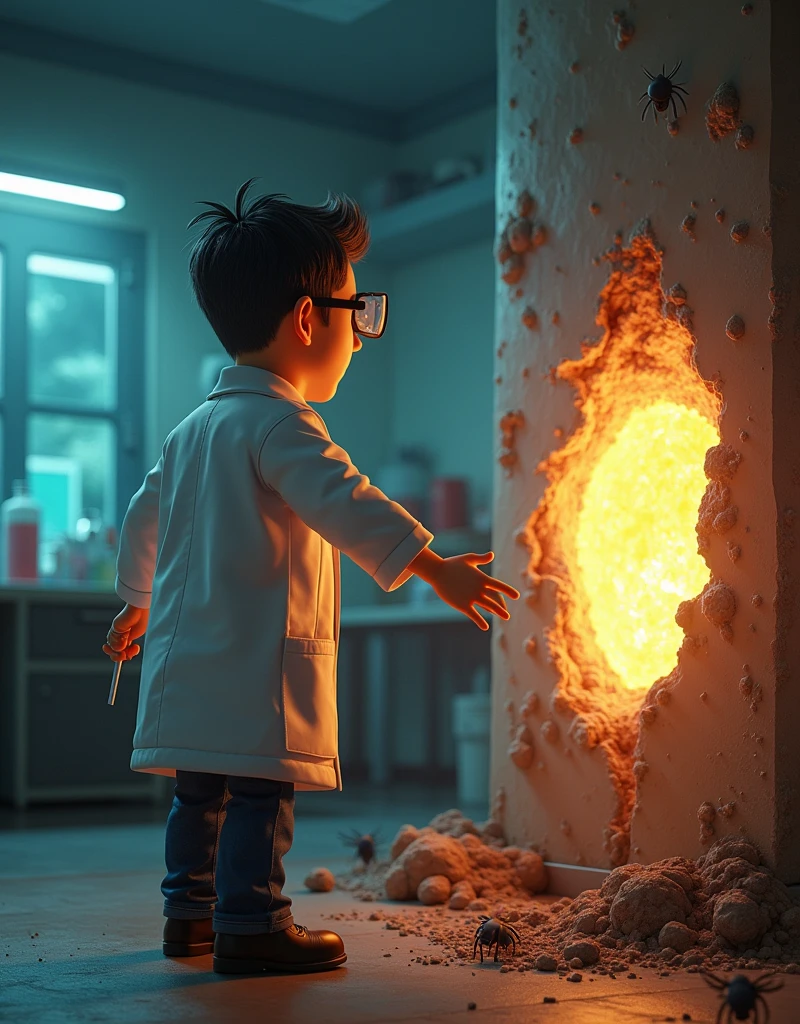 A corner of the lab with a green glowing space crack that just appeared, smaller but similar in city. Giant but smaller spiders are crawling out of the crack.
Minion Kevin in scientist suit turns around with a look of horror, hand still holding a laboratory instrument.