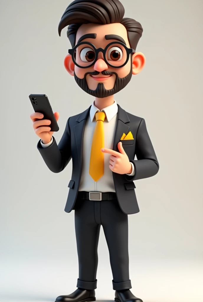 A full body 3D cartoon character. The character is a young man with fair skin, a beard and dark brown hair combed up, thick eyebrows, large brown eyes and wears glasses. His expression is neutral, with a calm and composed demeanor.

The character is dressed formally, wearing a black suit, white shirt and yellow tie. In his jacket pocket there is a yellow handkerchief, matching his tie.

He is holding a cell phone in his right hand and his left hand is pointing at the cell phone. The background of the image is neutral, which highlights the character even more.