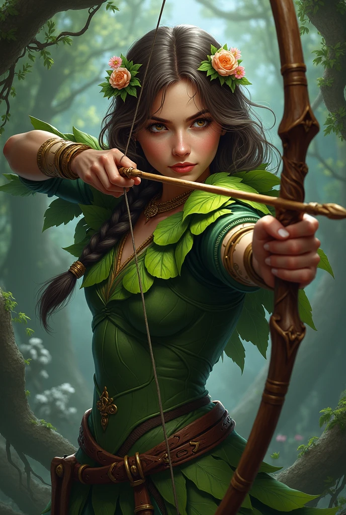 (A high resolution, realisitic) Light skinned brunette girl, Dungeons and Dragons style druid, segurando um arco, with the bow drawn and aiming at an orc. The girl is dressed in armor made entirely of leaves. Additional Detail: The girl has intricacies, tribal face painting with earthy colors. His eyes are sharp and focused, reflecting determination and strength. Your lips are full and slightly parted, showing your concentration while aiming. The girl is long, wavy hair is braided with flowers and feathers, adding to your natural and magical look. (((whole body))), dark jungle with many beads lurking The armor she wears is made of large, overlapping leaves that resemble scales, providing protection and camouflage in the natural environment. The leaves have a vibrant green color, emphasizing the druid&#39;s connection to nature. Vines and flowers intertwine with the armor, further enhancing the mystical and earthly appearance. The bow in his hands is made of carved wood, decorated with nature-inspired patterns and symbols. As she pulls the bowstring, the druid displays a graceful appearance and