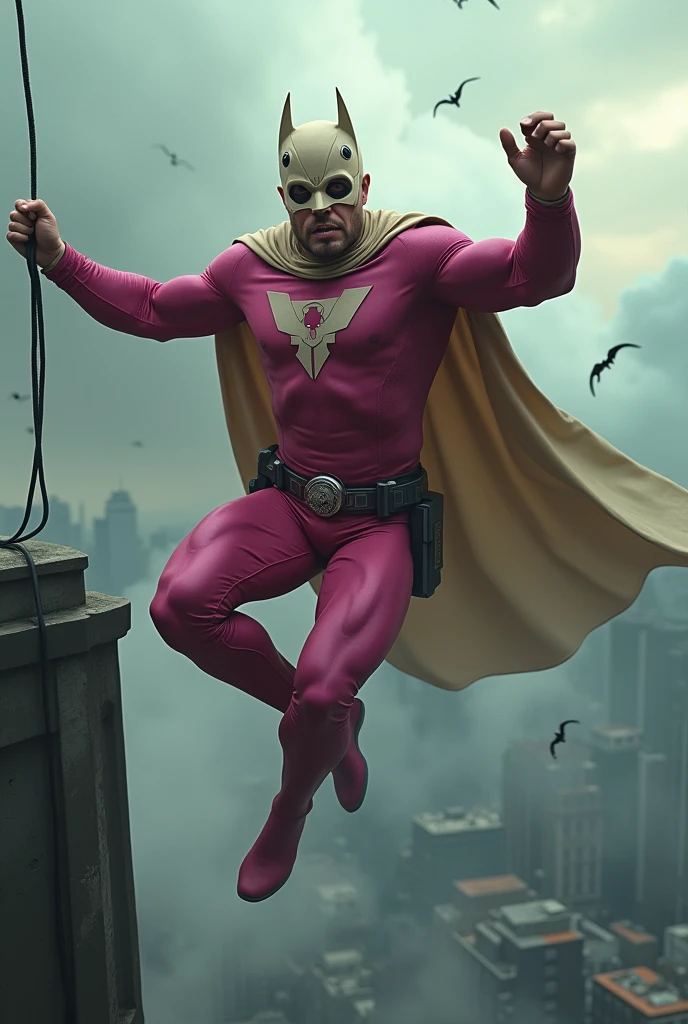 Malaysia man in high-tech suit, vivid effects, malaysian superhero (KELUANG MAN) in a striking pink and beige costume cyberpunk design, mask small mini bat ear beige, daredevil beige mask, jumpsuit dark pink stands confidently in a dramatic.jumping from high place.hero costume.one hand rise up. Big triangle logo on the chest.high detail Punisher logo on the chest. Fighting pose , stormy landscape. ((Head covered node guard like batman. Running pose , athletic body type, small mini ear bat mask))The character wears domino mask a helmet with pointed mini torn ears and a flowing cape biege, open nose and mouth. Equipped with visible futuristic weapons on a belt,bullet proof jacket pink dark day.show fingers pose, dark night, big supermoon effect . Small logo on chest triangle shape small punisher logo center triangle cyber logo center on chest pink logo mini logo . rocky. Building top.smoke ground , bomb effect background, losse pants, losses costume.adding to --ar 3:4 --style raw --stylize 500 --v 6.1. chaos. Lot of small flying bat. One leg on the high stone. Man . Real man age 40 year old. One hand holding belt.one hand holding black rope hanging on building