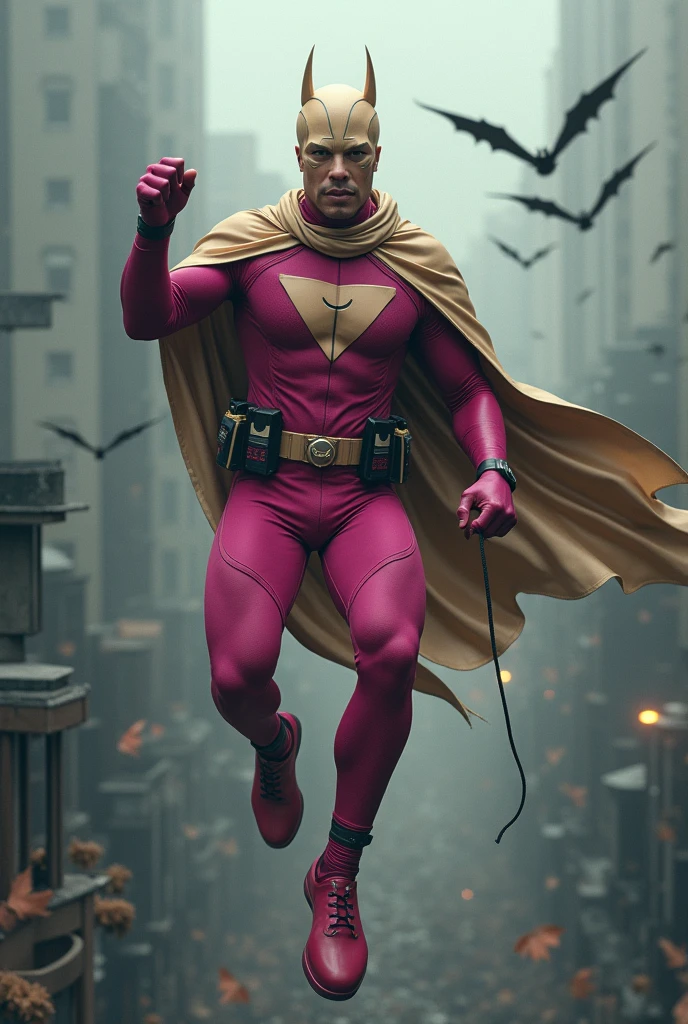 Malaysia man in high-tech suit, vivid effects, malaysian superhero (KELUANG MAN) in a striking pink and beige costume cyberpunk design, mask small mini bat ear beige, daredevil beige mask, jumpsuit dark pink stands confidently in a dramatic.jumping from high place.hero costume.one hand rise up. Big triangle logo on the chest.high detail Punisher logo on the chest. Fighting pose , stormy landscape. ((Head covered node guard like batman. Running pose , athletic body type, small mini ear bat mask))The character wears domino mask a helmet with pointed mini torn ears and a flowing cape biege, open nose and mouth. Equipped with visible futuristic weapons on a belt,bullet proof jacket pink dark day.show fingers pose, dark night, big supermoon effect . Small logo on chest triangle shape small punisher logo center triangle cyber logo center on chest pink logo mini logo . rocky. Building top.smoke ground , bomb effect background, losse pants, losses costume.adding to --ar 3:4 --style raw --stylize 500 --v 6.1. chaos. Lot of small flying bat. One leg on the high stone. Man . Real man age 40 year old. One hand holding belt.one hand holding black rope hanging on building