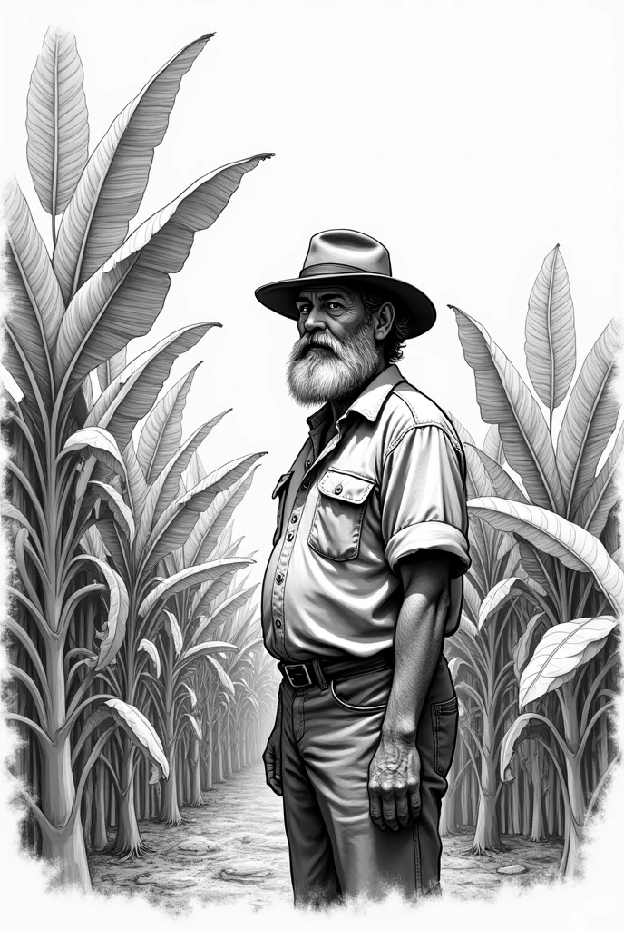 Create a black and white drawing of a man with a beard and hat , checking his banana plantation, Make the plants have hanging bananas.
Take away some of the realism and make the bottom part of the plant a single plant and not with roots.
