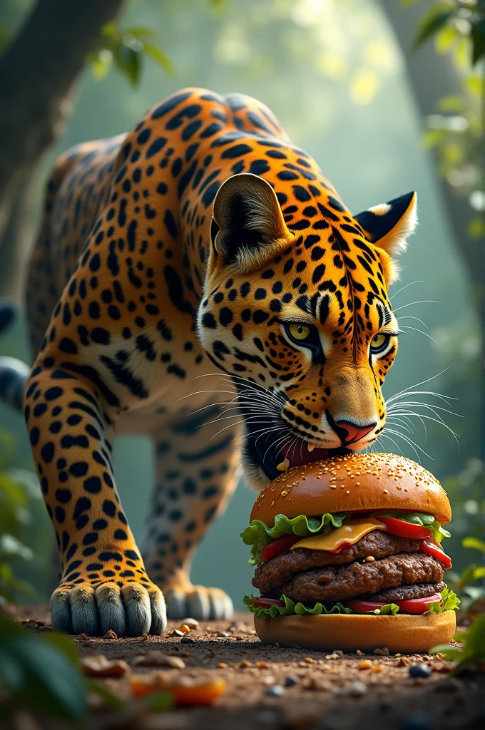 Leopard eating hamburger