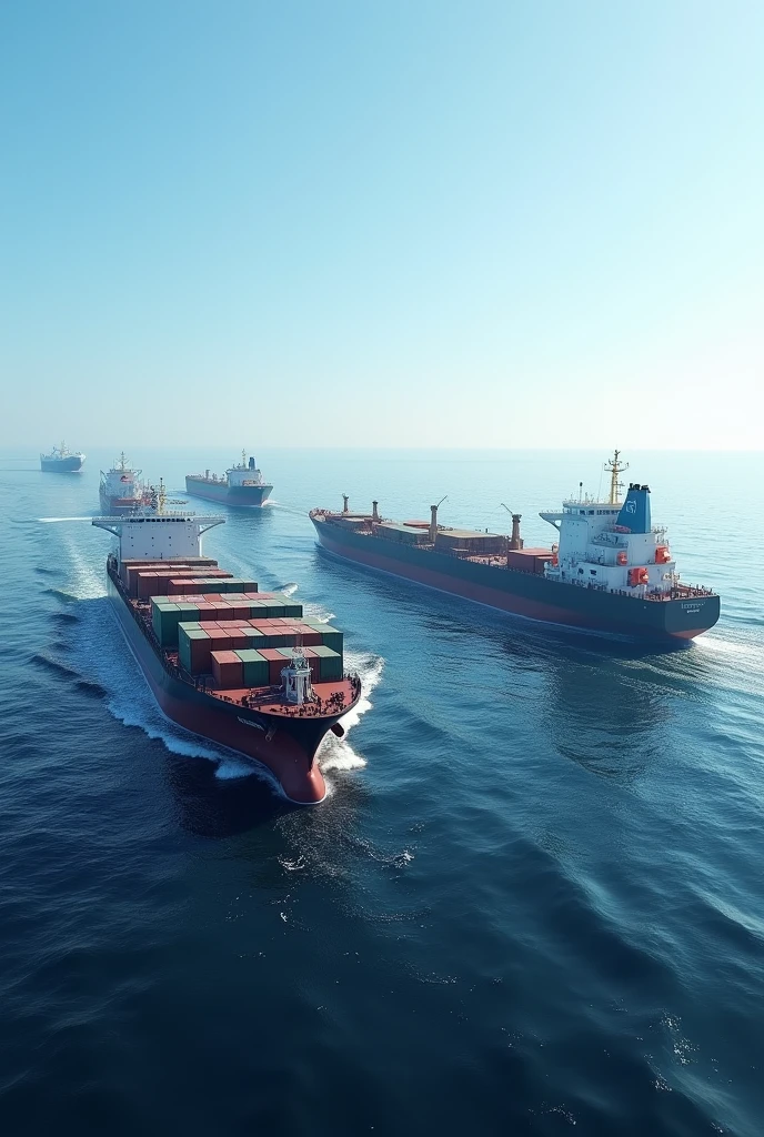 Bulk carrier ship, container ship , oil tanker ship, ro-ro ships together picture in sea landscape picture