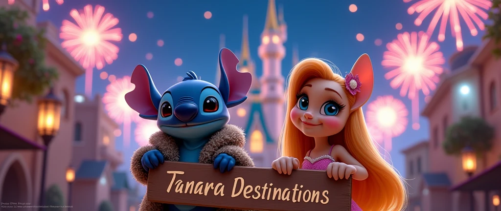 Stitch and Angel together wearing a stylish outfit and a sign that says Tamara Destinations. In the background the magical Disney castle, with many colors, sparkles and fireworks.