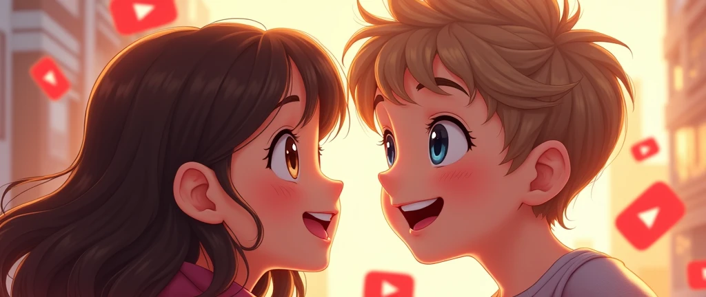 a girl  young with long, wavy brown hair and tanned skin. She has brown light eyes. She is smiling brightly and a  Young boy. He has light skin, short light brown hair with bangs. Blue eyes. He is smiling brightly, anime girl and anime boy, youtube logo,tyoutube logo in air,dynamic composition,playful,high quality,8k,detailed,sharp focus,vibrant colors,beautiful detailed eyes,beautiful detailed lips,extremely detailed face,longeyelashes,digital painting,concept art,perfect for gamers, roblox theme