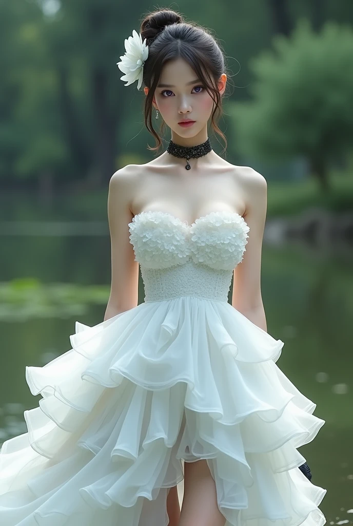 masterpiece, best quality, extremely detailed 8K wallpaper, 1girl, outdoors, strapless dress, dress, layered dress,white flower, hair ornament, purple eyes, (choker), ultra realistic, (black gloves), bare legs,