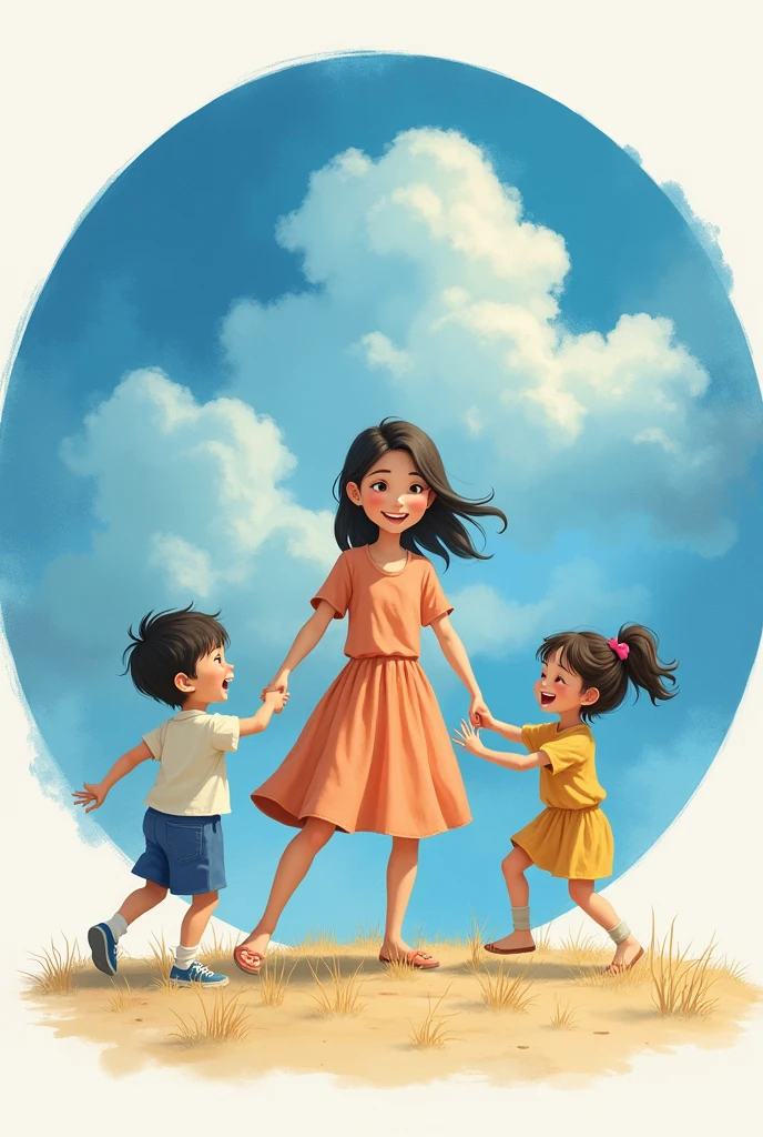 Hello, I want a picture of a tender female psychologist, young and smiling at Studio Ghibli, The psychologist is playing with her children. In the background there is a blue circular watercolor with clouds